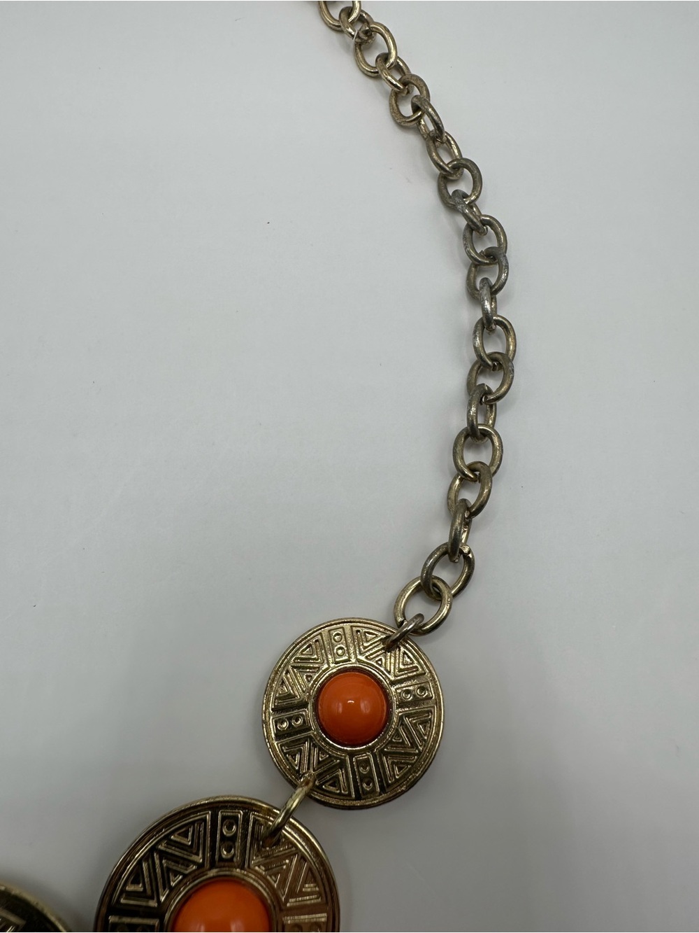 Vintage Gold Tone Orange Cabochon Geometric Etched Medallion Collar Necklace - Picture 3 of 6